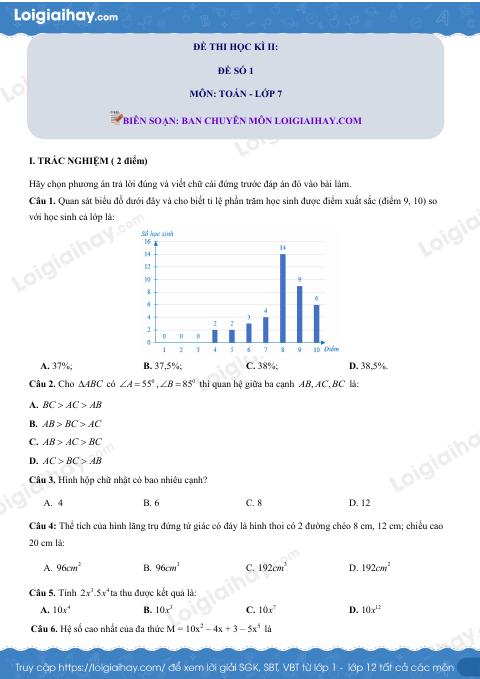 Đề thi học kì 2 Toán 7 - Đề số 1 - Cánh diều